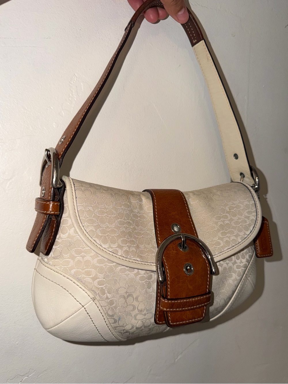Coach Cream and Brown Signature Canvas Shoulder Bag with Buckle
